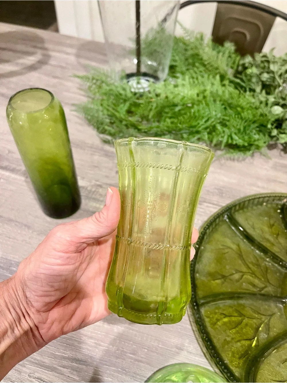Etienne Aigner Olive Green Glass Divided Serving Platter, Vases and Flower divid
